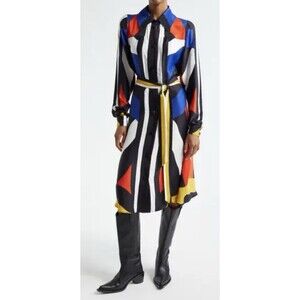 FARM RIO Multicolor Amanda Abstract Print Long Sleeve Satin Midi Shirt Dress XXS